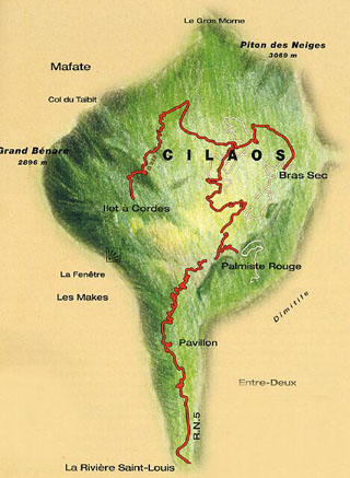 Carte de la route de Cilaos île de La Réunion.