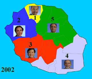 Carte des cinq circonscriptions de La Réunion 2002