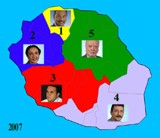 Carte des cinq circonscriptions de La Réunion 2007